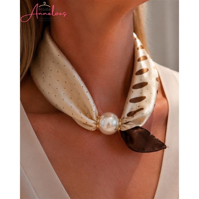 Dames Hals sjaal Stip en Streep beige korte damessjaal met parel 524